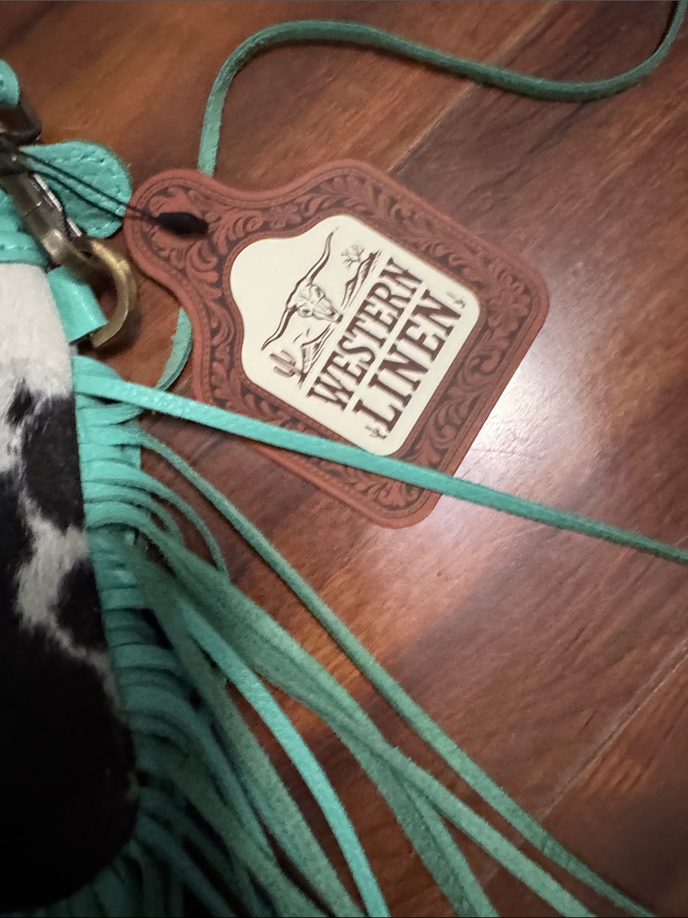 Turquoise Fringe Crossbody with Cowhide Accent by - Picture 3 of 5